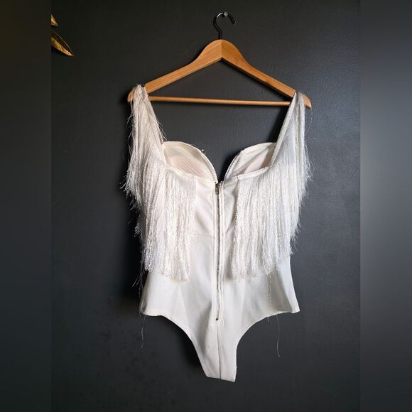 Tassel Fringe Deep V Off White Body Suit Vera & Lucy Sz L - Picture 4 of 10